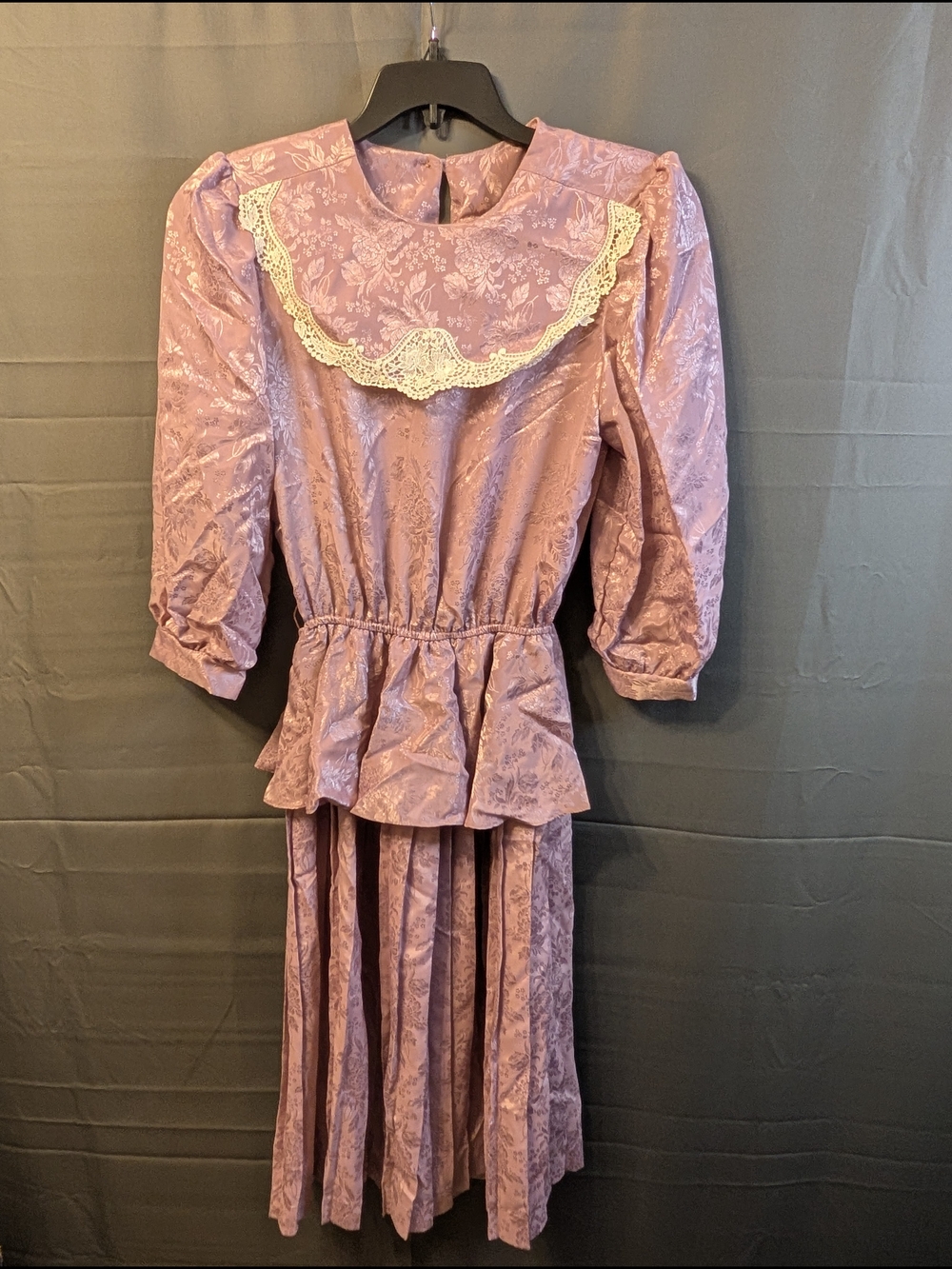 VTG 80s A.F. II Mauve Floral Jacquard Lace Peplum Midi Dress M EUC